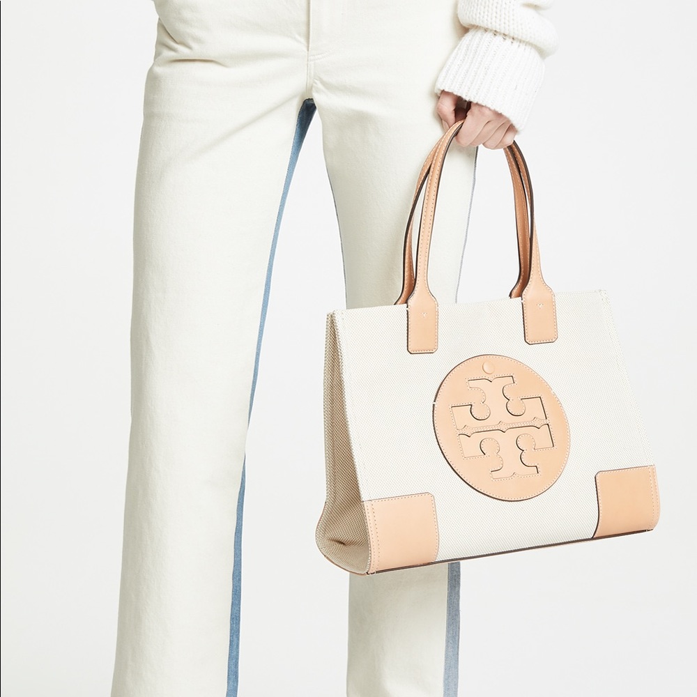 Tory Burch Ella Leather Canvas Tote Natural - Picture 13 of 16